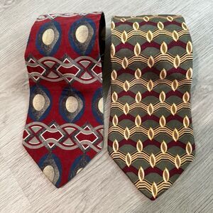 Geoffrey Beene Set of 2 100% Silk Red & Green Geometric Print Neck Ties